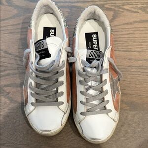 Golden Goose White and Pink Sneakers with silver glitter